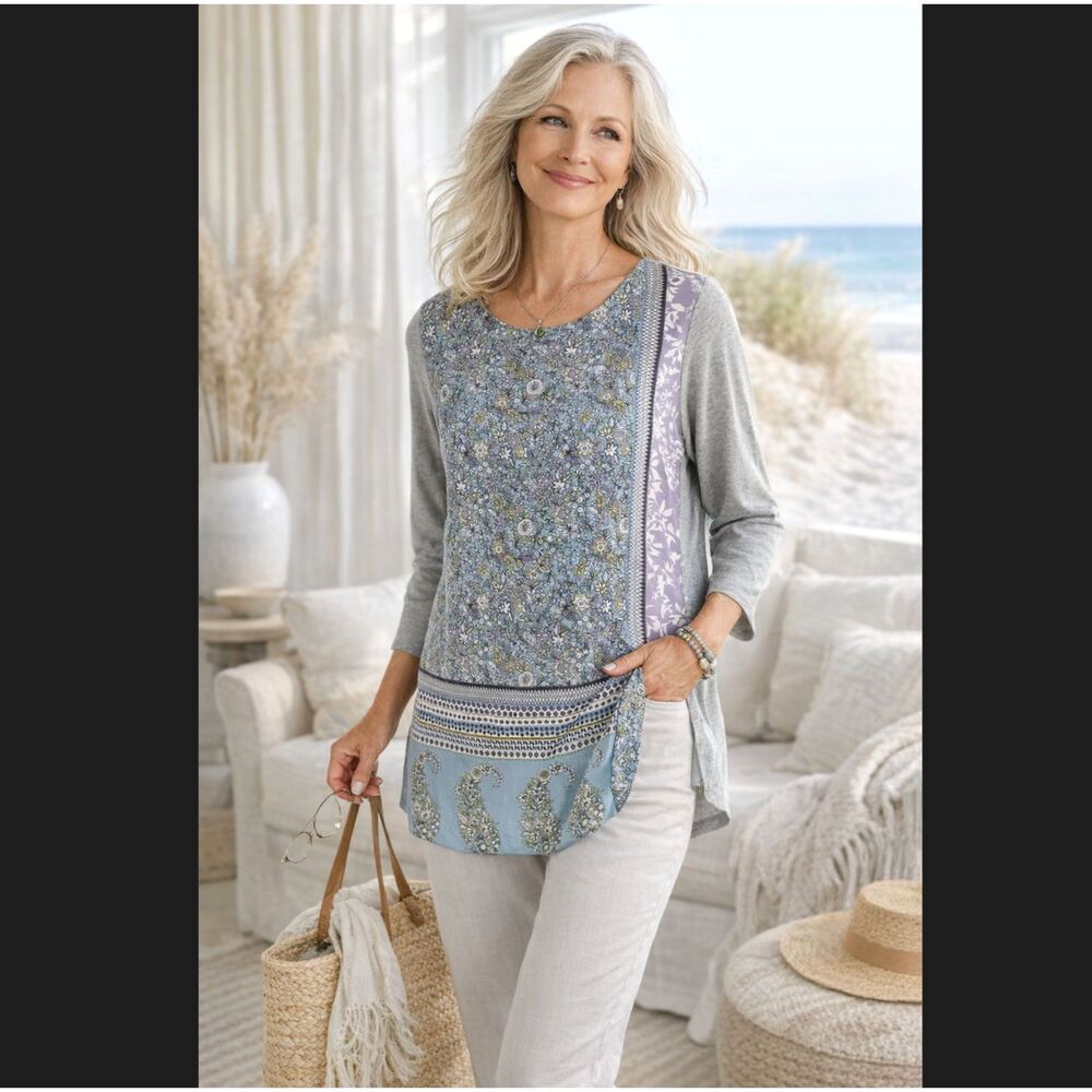 J Jill Tunic SP Petite Gray Floral Patchwork Top Paisley 3/4 Sleeve Cottage Boho